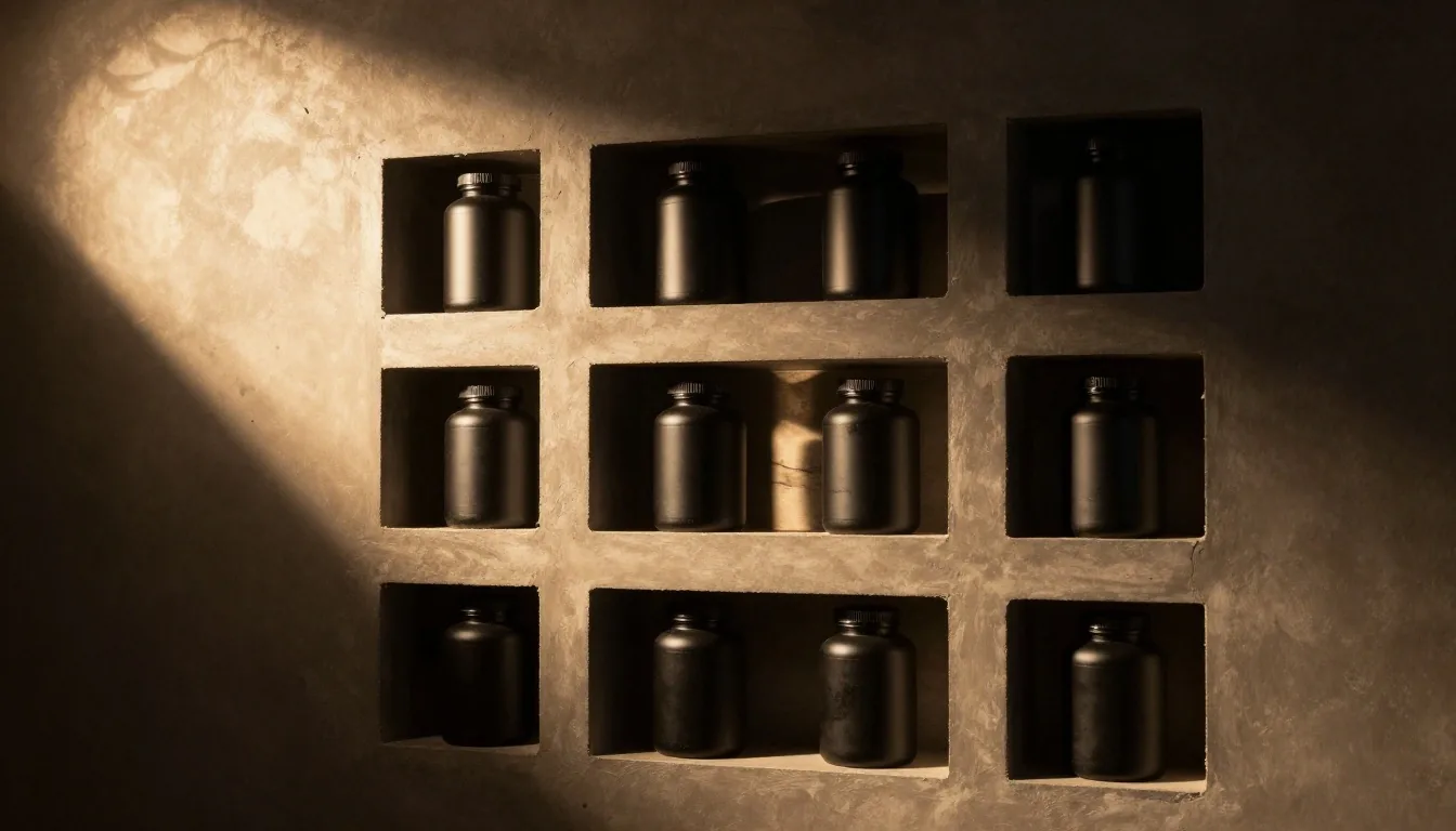 Dark apothecary shelves with supplement tins under warm afternoon light