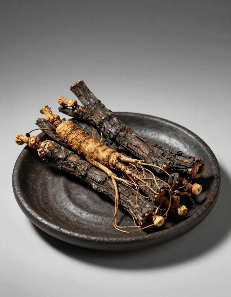 Dried adaptogen root specimens on dark zinc surface
