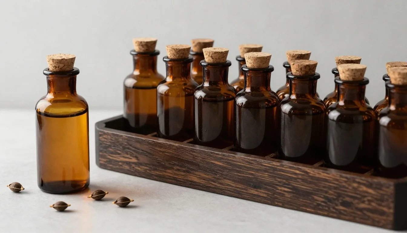 Dark apothecary interior with supplement tins on shelving