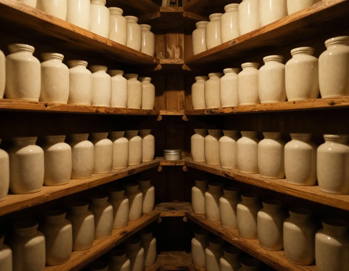 Hand placing a supplement tin on a dark apothecary shelf