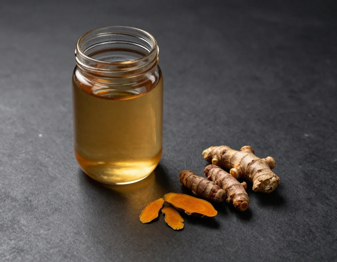 Natural supplement ingredients and a glass of water on a dark surface