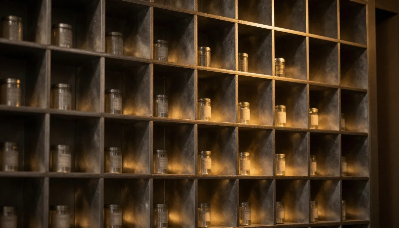 Dark apotek shelf of supplement tins under warm low light