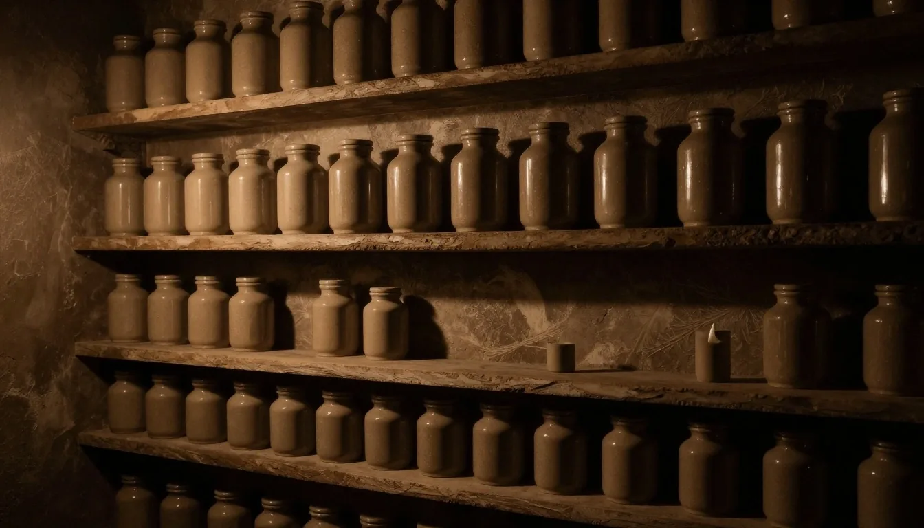 Dark apothecary shelf of supplement tins under warm amber light