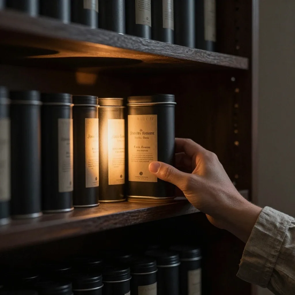 Hand placing a supplement tin on a dispensary shelf